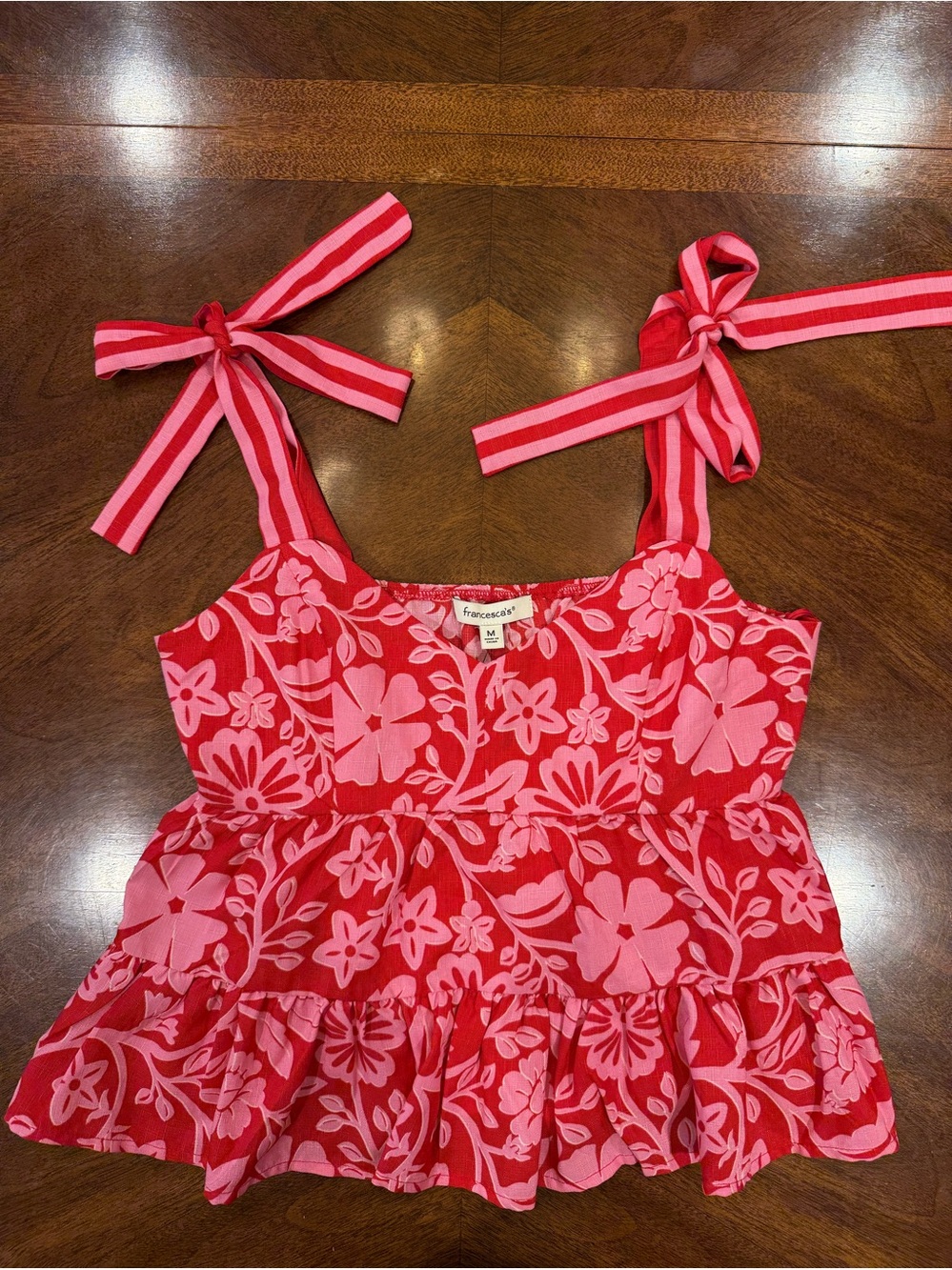 Francesca's Red & Pink Floral Tie-Strap Peplum Top, size M